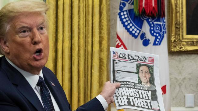 Donald Trump speaks in the Oval Office before signing an executive order related to regulating social media in Washington. Picture: AFP