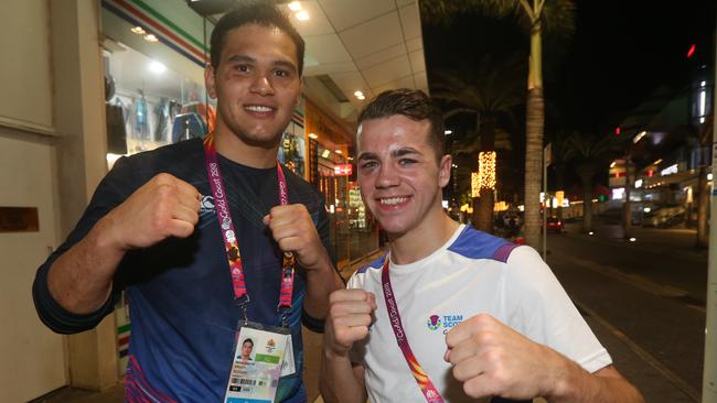 Athletes in surfers Paradise Sunday Night. . L-R Boxers Robbie McKechnie and Mitchell Barton. Picture Mike Batterham