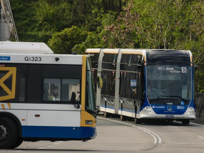 Brisbane Metro starts the busy 169 bus route between Eight Mile Plains and UQ with Luci Loumeau takes its first passengers. Picture: Glenn Campbell