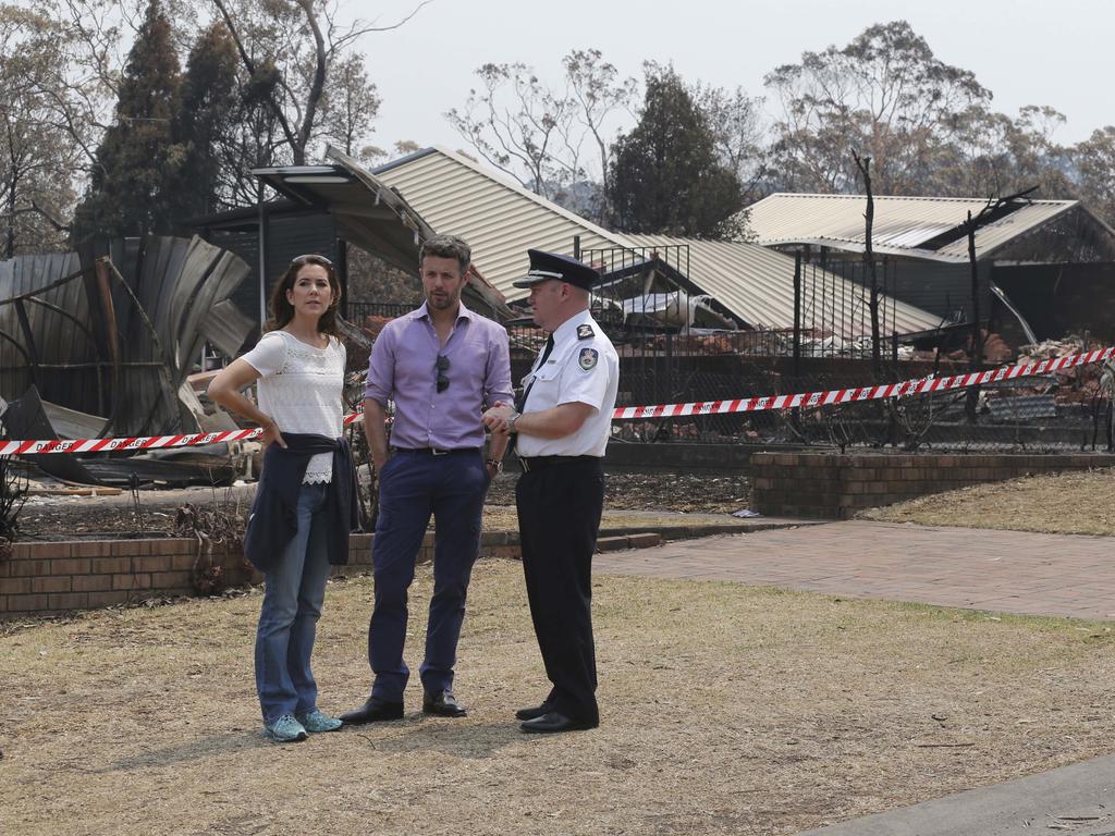 Princess Mary and Prince Frederik during a tour of bushfire devastation in Winmalee, NSW. Rob Griffith/AP