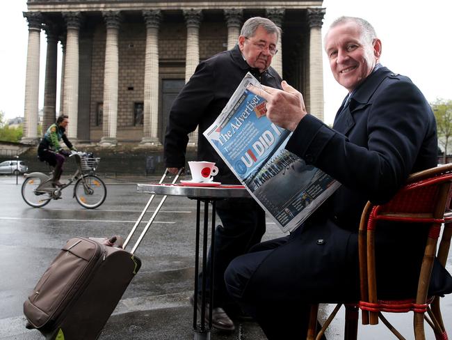 Premier Jay Weatherill enjoys a morning coffee near the Madeleine Church in Paris. Picture: Calum Robertson