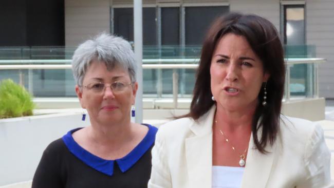 Independent Reviewer Vicki Baylis and Minister for Education Jo Palmer speak to the media at Parliament Square in Hobart on Wednesday, January 22, 2025.