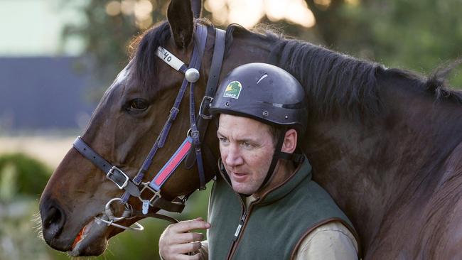 Trainer Ciaron Maher with Future History at Carrum Beach earlier this month. Picture: Michael Klein