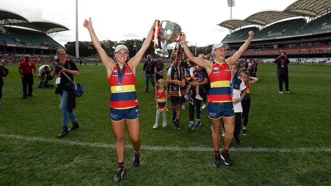 Adelaide stars Ebony Marinoff (left) and Erin Phillips celebrate after winning this year’s AFLW grand final. The pair will have eight new teammates after the Crows’ selections at Tuesday’s draft. Picture: Michael Willson/AFL Photos