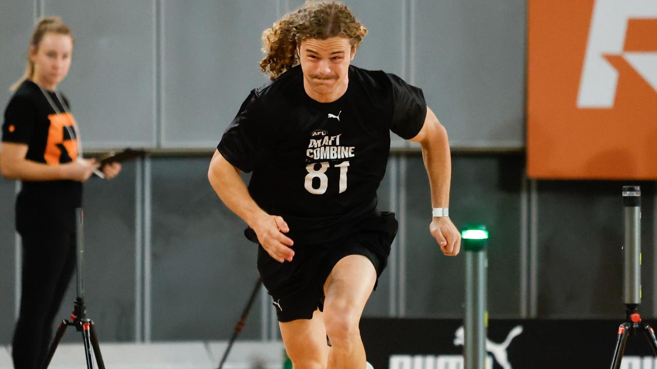 Harry DeMattia showing off his speed at the draft combine. Picture: Dylan Burns/AFL Photos via Getty Images