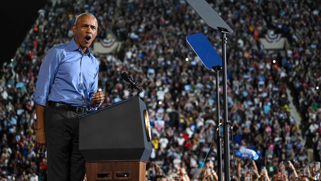 Former US president Barack Obama speaks during a campaign rally supporting US Vice-President and Democratic presidential candidate Kamala Harris. Picture: AFP