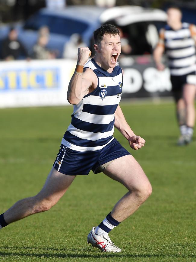 And celebrates a goal. Picture: Andrew Batsch