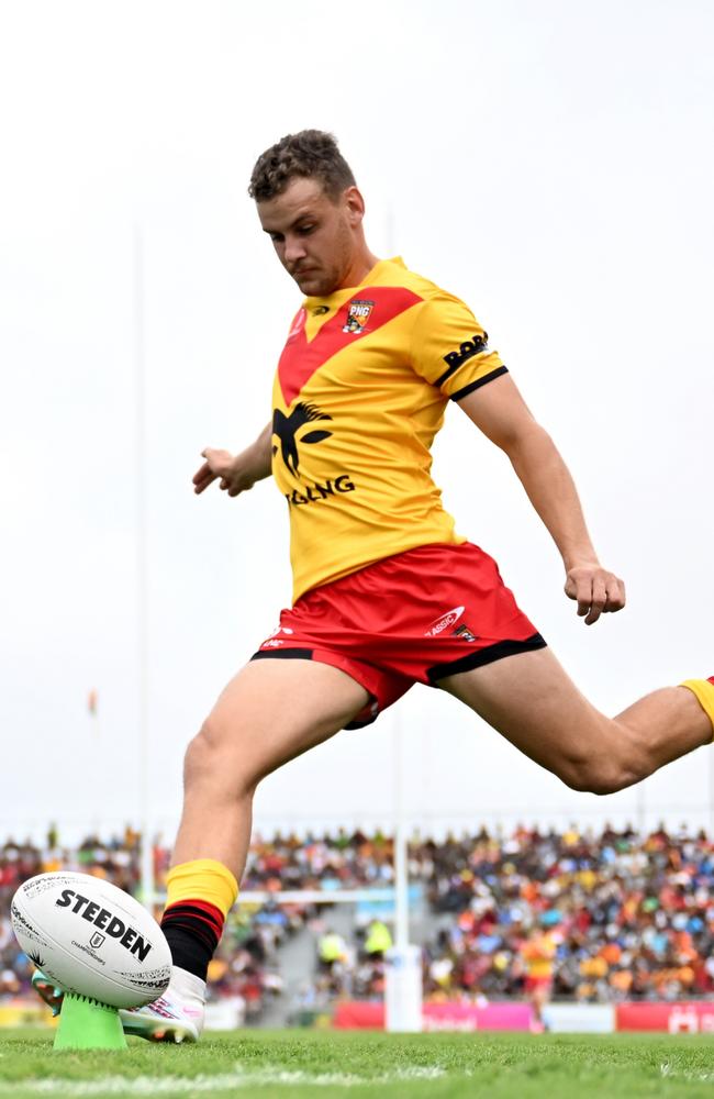 North Queensland Cowboys player Zac Laybutt kicking at goal for Papua New Guinea during the 2023 Pacific Championship. Picture: NRL Imagery