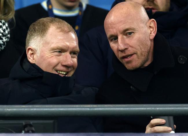 Salford co-owners Nicky Butt (right) and Paul Scholes (left) saw their side outclassed at the Etihad