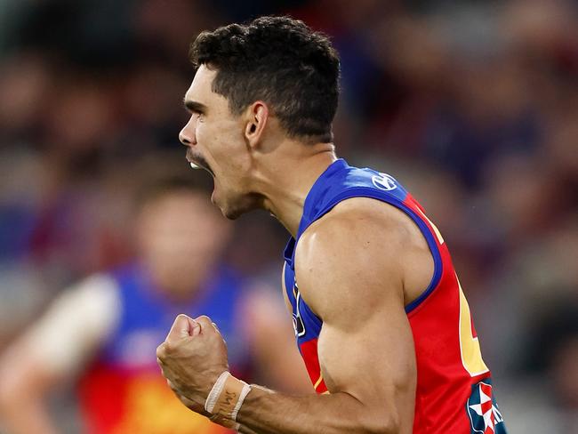 MELBOURNE, AUSTRALIA - APRIL 11: Charlie Cameron of the Lions celebrates a goal during the 2024 AFL Round 05 match between the Melbourne Demons and the Brisbane Lions at the Melbourne Cricket Ground on April 11, 2024 in Melbourne, Australia. (Photo by Michael Willson/AFL Photos via Getty Images)