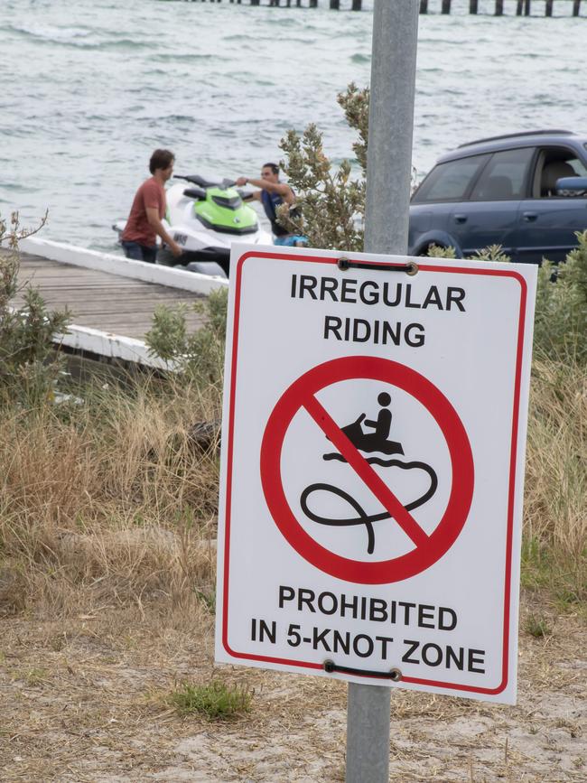 A sign warning jet skiers near Rye boat ramp. Picture: Andy Brownbill