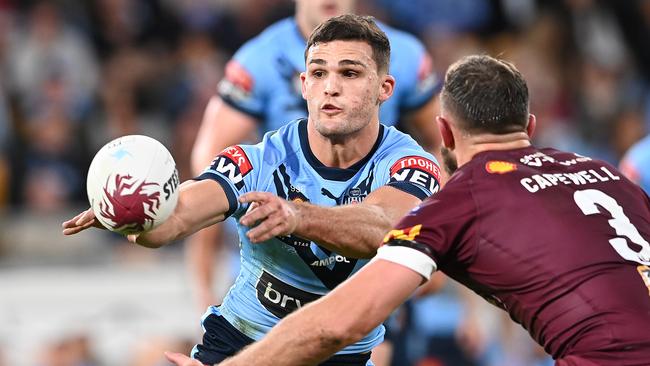 Nathan Cleary picked up a shoulder injury in Origin (Photo by Bradley Kanaris/Getty Images)