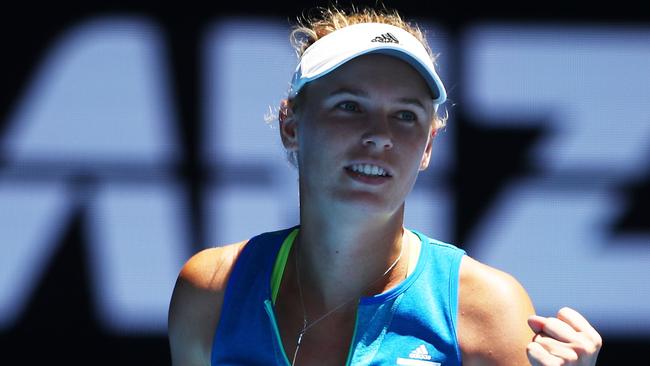 Caroline Wozniacki of Denmark celebrates winning her second round match against Donna Vekic of Croatia on day four of the 2017 Australian Open.