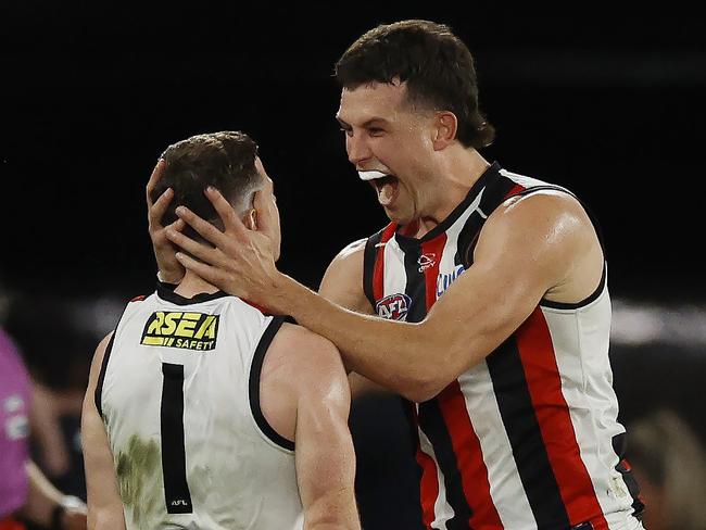 NCA. MELBOURNE, AUSTRALIA. August 25,   2024. AFL Round 24. Carlton vs St Kilda at Marvel Stadium.  Jack Higgins of the Saints celebrates the match winner in the dying seconds with Rowan Marshall     . Pic: Michael Klein