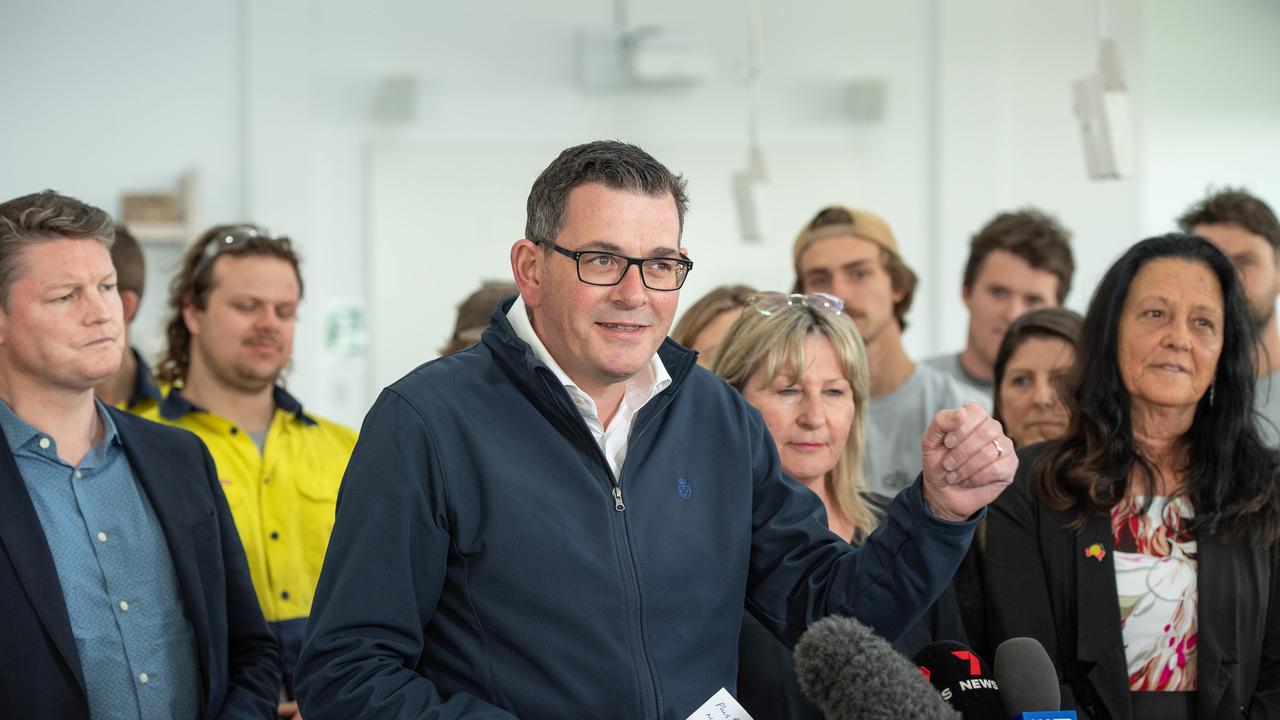 Premier Dan Andrews visited the carpentry workshop at The Gordon Tafe East Campus on Tuesday ahead of the state election. Picture: Brad Fleet