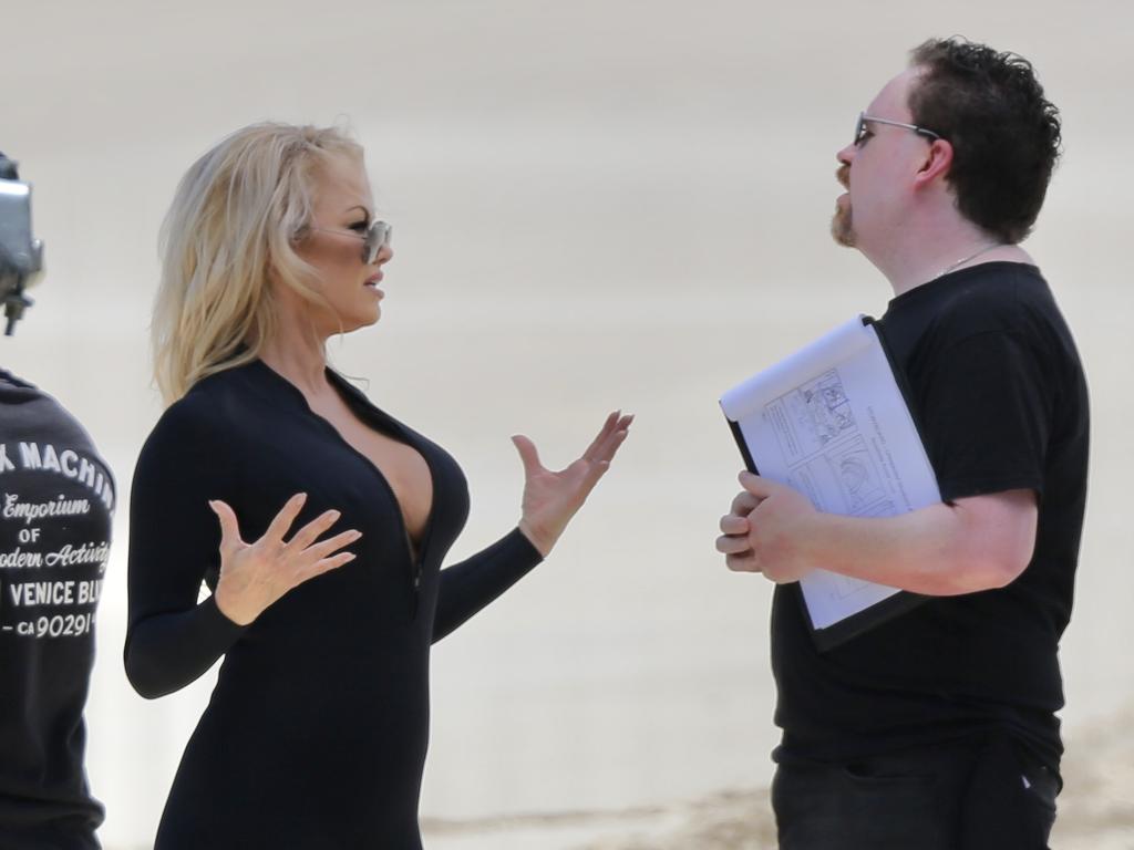 Pamela Anderson filming an Ultra Tunes commercial on the Gold Coast. Picture: Nathan Richter.