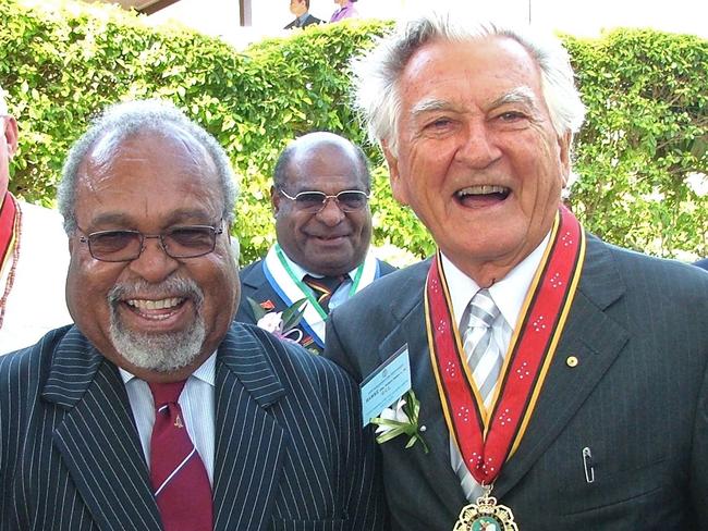 Sir Michael Somare with Bob Hawke in Port Moresby in 2009. Picture: AAP