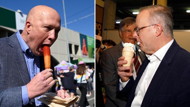 This picture of Peter Dutton eating a dagwood dog went viral in 2022, likely prompting PM Anthony Albanese to stick to a strawberry sundae during today’s visit.