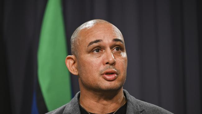 Thomas Mayo joins members of the Referendum Working Group at a press conference at Parliament House. Picture: NCA NewsWire / Martin Ollman