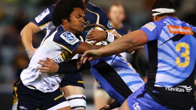 Brumbies winger Henry Speight charges into the Force defence.