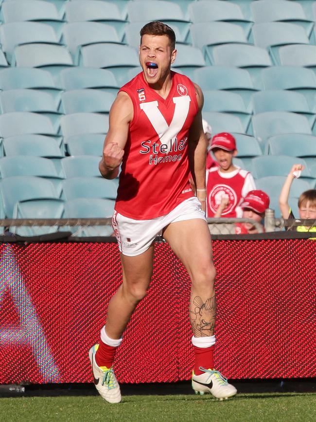 Tom Langford celebrates a goal in his North Adelaide days. Picture: Sarah Reed.