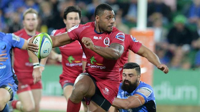 SPORT - Western Force vs Queensland Reds, nib Stadium, Perth. Photo by Daniel Wilkins. PICTURED- Reds Samu Kerevi tries to break the tackle of Force's Chris Tuatara Morrison.