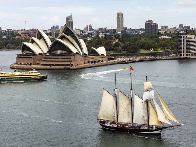 The Oosterschelde sails into Sydney Harbour, bringing the DARWIN200 crew with it. Picture: Andrea Francolini