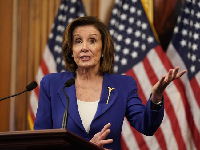 US speaker of the House Nancy Pelosi speaks to the press after the House passed a $2 trillion stimulus bill. Picture: AFP