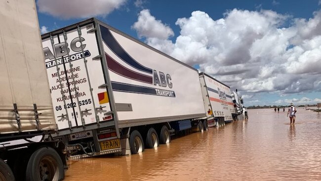 Flooding has forced the closure of the Stuart Highway since the weekend. A truck is submerged at Glendambo. Picture: Supplied