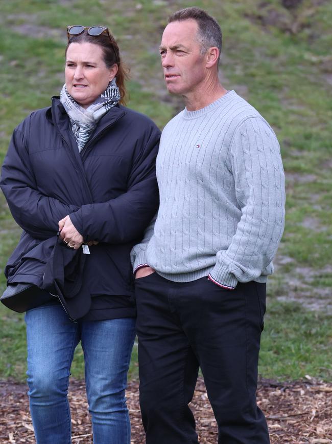 Alastair Clarkson and wife Caryn watch their son, Matthew, play for Caulfield Grammar in the Associated Private Schools grand final Picture: Brendan Beckett.