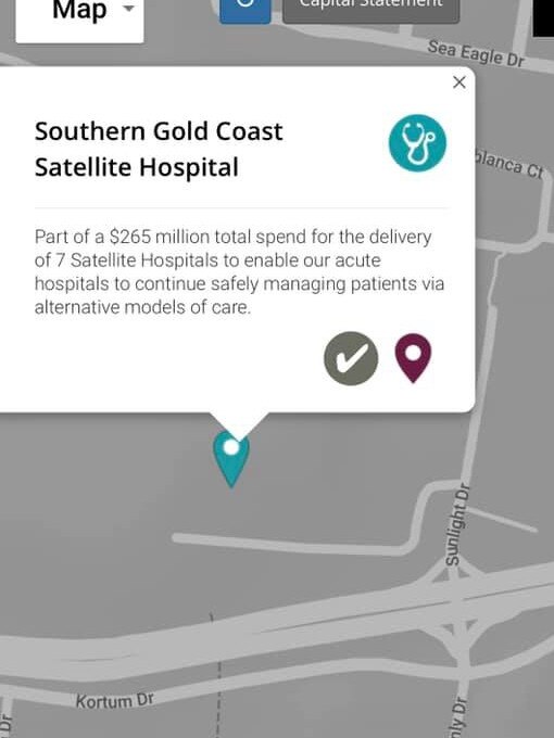 Screenshots of the Regional Actions Plans map showing a marker for a southern Gold Coast Satellite Hospital was mistakenly placed on top of a Burleigh Heads church. Photo: Supplied