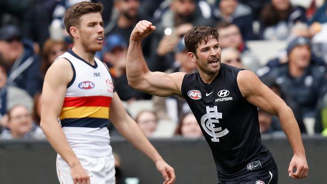 Levi Casboult celebrates one of his three goals against Adelaide. Picture: Michael Willson/AFL Photos.