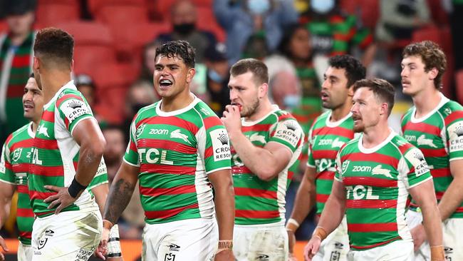 BRISBANE, AUSTRALIA – AUGUST 27: Latrell Mitchell of the Rabbitohs celebrates after a Rabbitohs try during the round 24 NRL match between the Sydney Roosters and the South Sydney Rabbitohs at Suncorp Stadium on August 27, 2021, in Brisbane, Australia. (Photo by Chris Hyde/Getty Images)