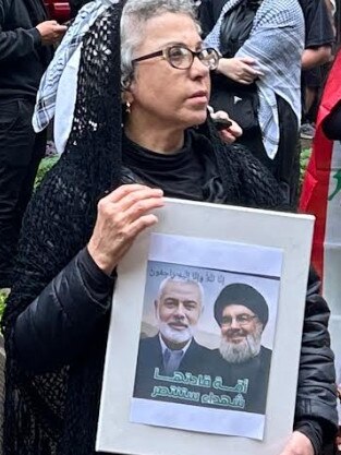 Protesters outside Sydney Town Hall holding pictures of the recently assassinated Hamas leader Ismail Haniyeh and Hezbollah leader Hassan Nasrallah. Picture: Supplied