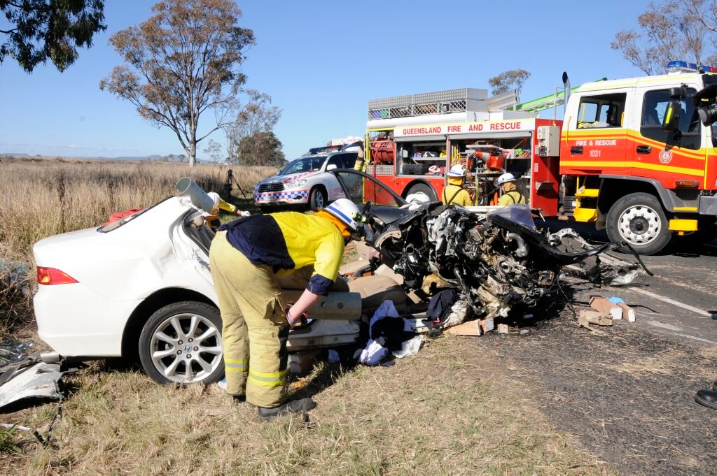 A 19-year-old man is still recovering from injuries sustained in this horror crash on the Warrego Highway near Oakey last year. Picture: Bev Lacey