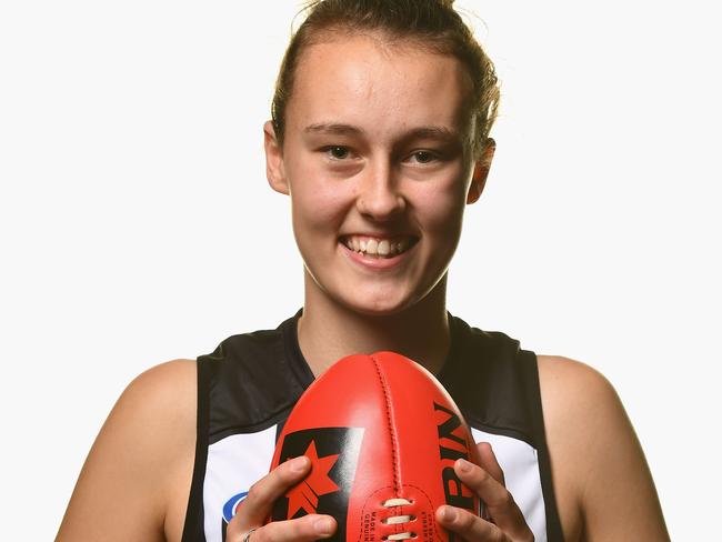 Jordyn Allen of the Magpies poses during the 2018 AFLW Draft at Marvel Stadium. Picture: Quinn Rooney