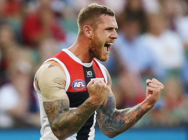 MELBOURNE, AUSTRALIA - APRIL 20: Tim Membrey of the Saints celebrates a goal during the round 5 AFL match between Melbourne and St Kilda at Melbourne Cricket Ground on April 20, 2019 in Melbourne, Australia. (Photo by Michael Dodge/Getty Images)