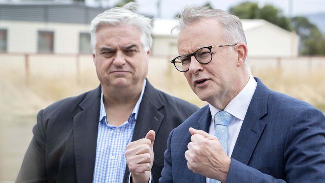 Labor leader Anthony Albanese and Lyons MP Brian Mitchell at Sorell. Picture: Chris Kidd