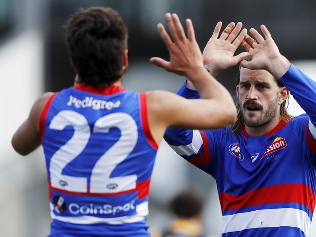 BALLARAT, AUSTRALIA - JULY 31: Josh Bruce of the Bulldogs celebrates a goal with Jamarra Ugle-Hagan of the Bulldogs during the 2021 AFL Round 20 match between the Western Bulldogs and the Adelaide Crows at Mars Stadium on July 31, 2021 in Ballarat, Australia. (Photo by Dylan Burns/AFL Photos via Getty Images)