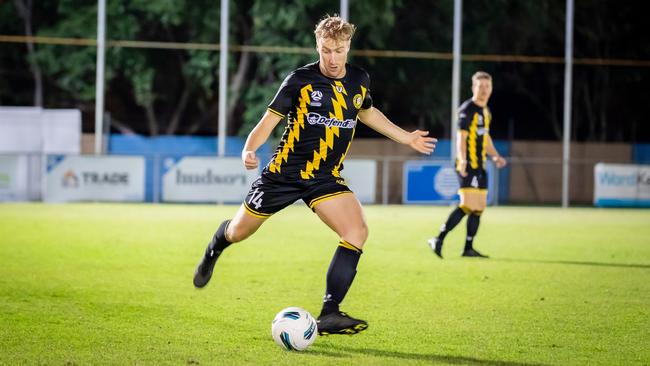 Mindil Aces' Endri Prifti scored the 1-1 equaliser on Friday against Azzurri University. Picture: Daniel Abrantes Photography