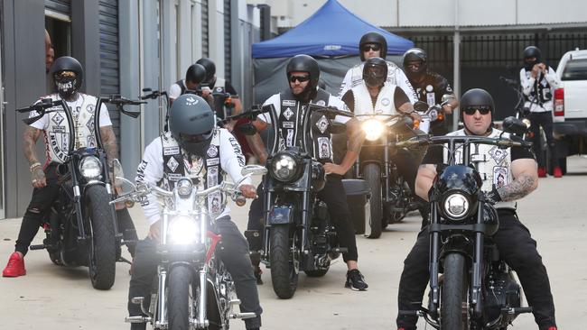 Members of Finks motorcycle club prepare to ride. Picture: David Crosling