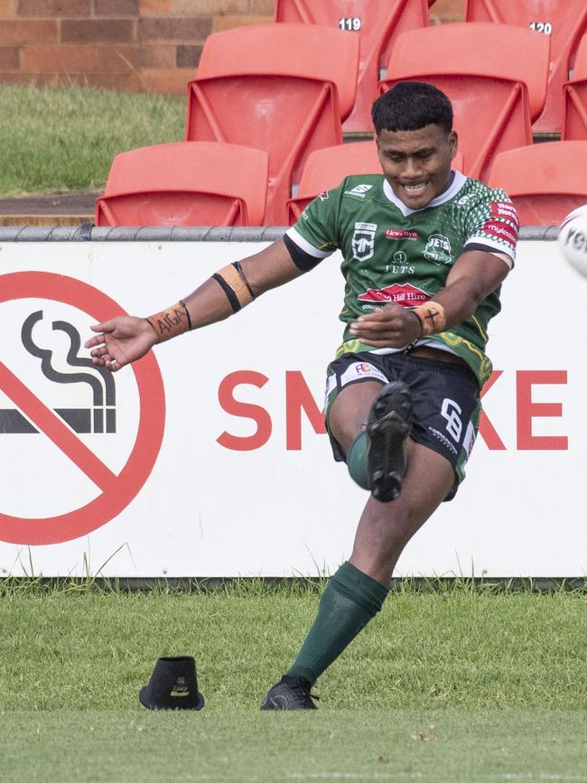 Saifiti Junior Saifiti kicks for Jets. Under 18 men, Western Clydesdales vs Ipswich Jets, rugby league. Saturday, March 4, 2023. Picture: Nev Madsen.