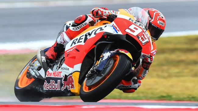 Marc Marquez was the quickest in Practice 1 at Aragon despite the damp conditions.