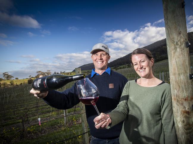 SUN TAS: James and Vanessa Bresnehan are young gun farmers in Tassie's coal valley. They are keen to access more water as new irrigation schemes come online, as that would allow them to increase their grape production.Picture: LUKE BOWDEN