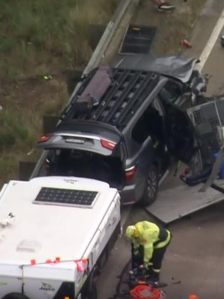 Wreckage of the Nissan Patrol after hitting the Isuzu D-max’s motorcycle trailer. Picture: Seven News