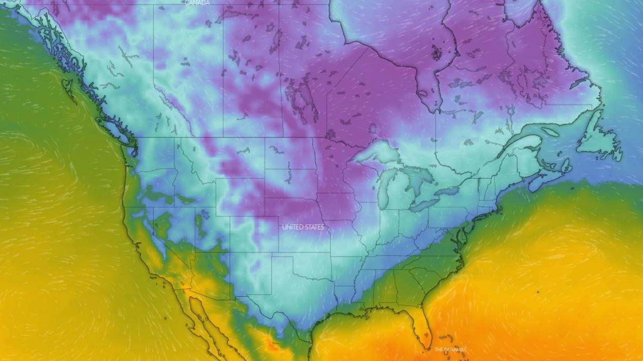 The huge lick of cold air that reached down as far as Texas and northern Mexico on Tuesday. Picture: Windy