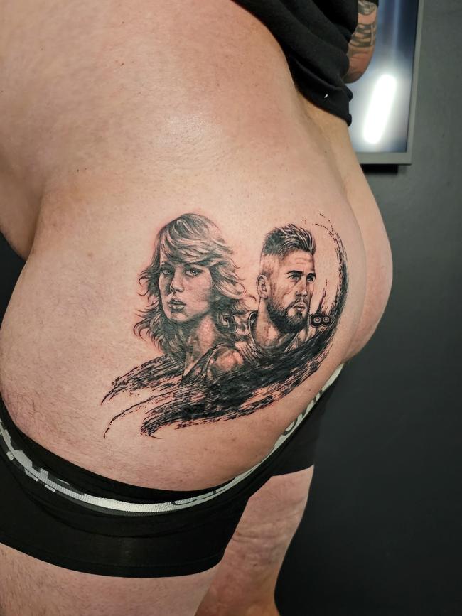 West Lakes dad Luke Porter had a tattoo of Taylor Swift and boyfriend Travis Kelce inked to try and win tickets to Swift’s concert for his daughters. Picture: Supplied