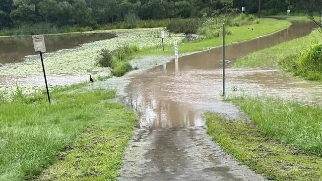 A causeway at Opossum Creek in Springfield Lakes was seen underwater on Wednesday morning. Picture: Tina Brown