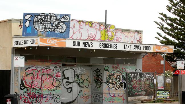 The heavily graffitied former milk bar on Roslyn Rd Belmont near the Roberts Rd intersection. Picture: Alison Wynd