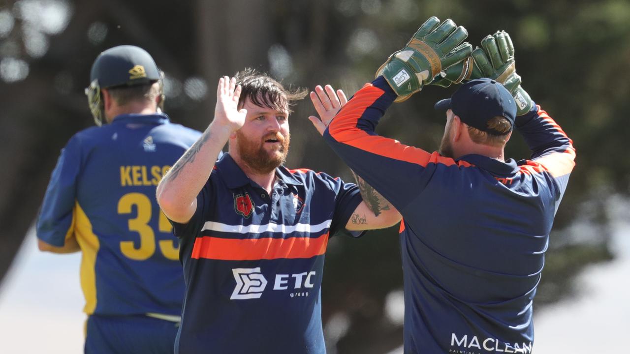 Armstrong Creek bowler Jason Robertson and keeper Aaron Morgan celebrate the wicket of Barrabool batter Michael Kelson. Picture: Mark Wilson